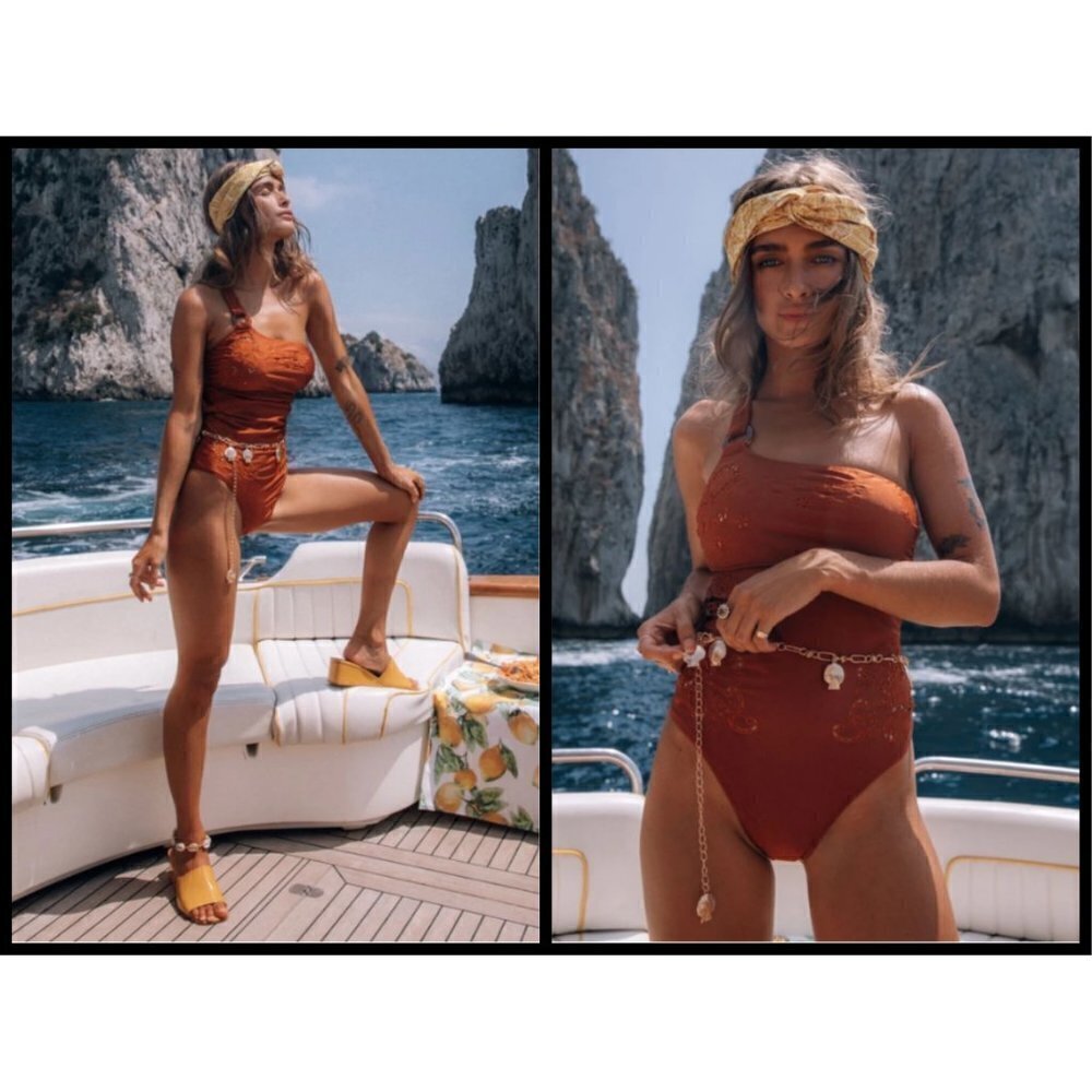 💕SPELL & THE GYPSY💕 Tyler One Shoulder Swimsuit Copper Small S NWT